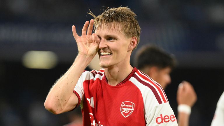 Martin Odegaard celebrates Arsenal goal in the 1-0 win at Napoli