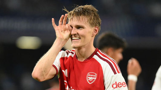 Martin Odegaard celebrates Arsenal goal in the 1-0 win at Napoli